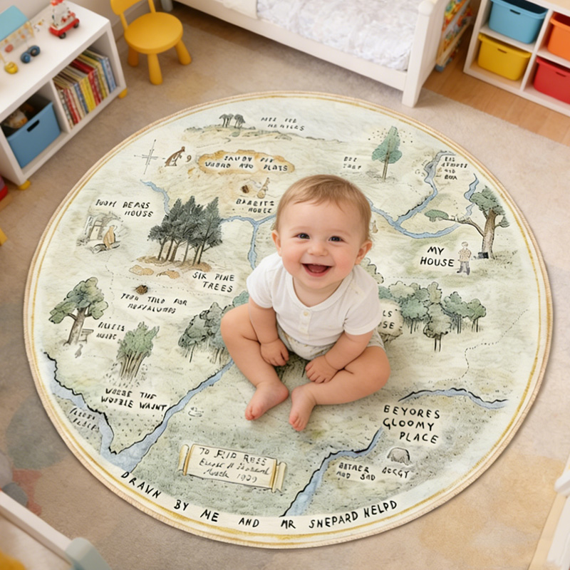 Hundred Acre Wood Map Adventure Theme Playroom Name Mat Storybook Style Carpet Rug for Kids