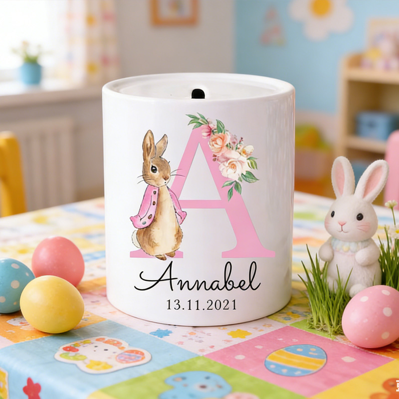 Personalized Bunny Initial Name Floral Letter Baby Gift Ceramic Money Box Nursery Keepsake Piggy Bank
