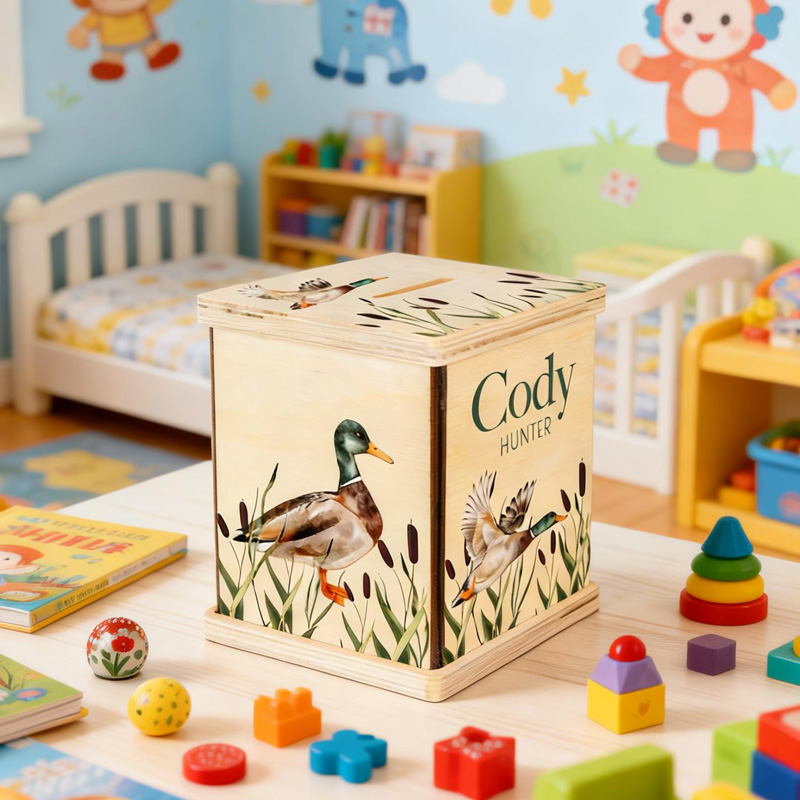 Personalized Woodland Duck Theme Name Wooden Money Box Nature Nursery Gift Keepsake for Kids Piggy Bank