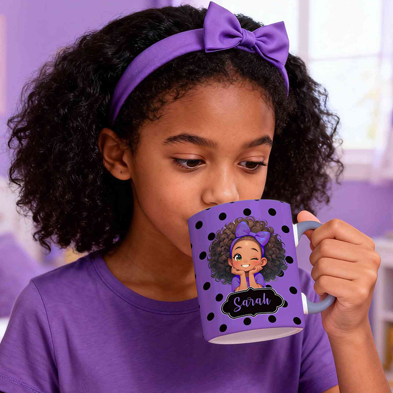 Personalized Polka Dot Theme Name Cute Girl Character Art Custom Coffee Tea Cup Gift Mug