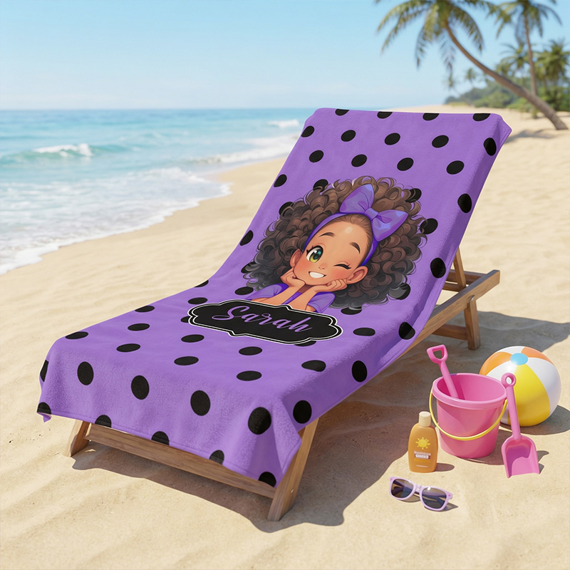 Personalized Colorful Polka Dot Theme Name Cute Girl Character Art Summer Swim Pool Accessory Gift Beach Towel