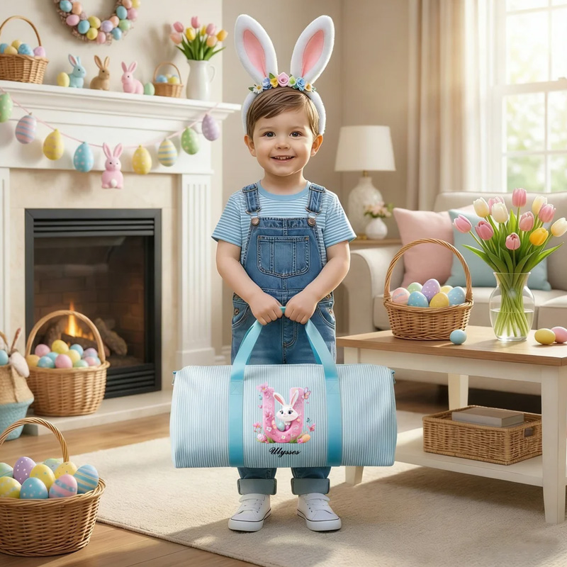 Personalized Pink Bunny Initial Easter Egg Striped Canvas Large Capacity Travel Bag with Name and Shoulder Strap Easter Birthday Gift for Kids