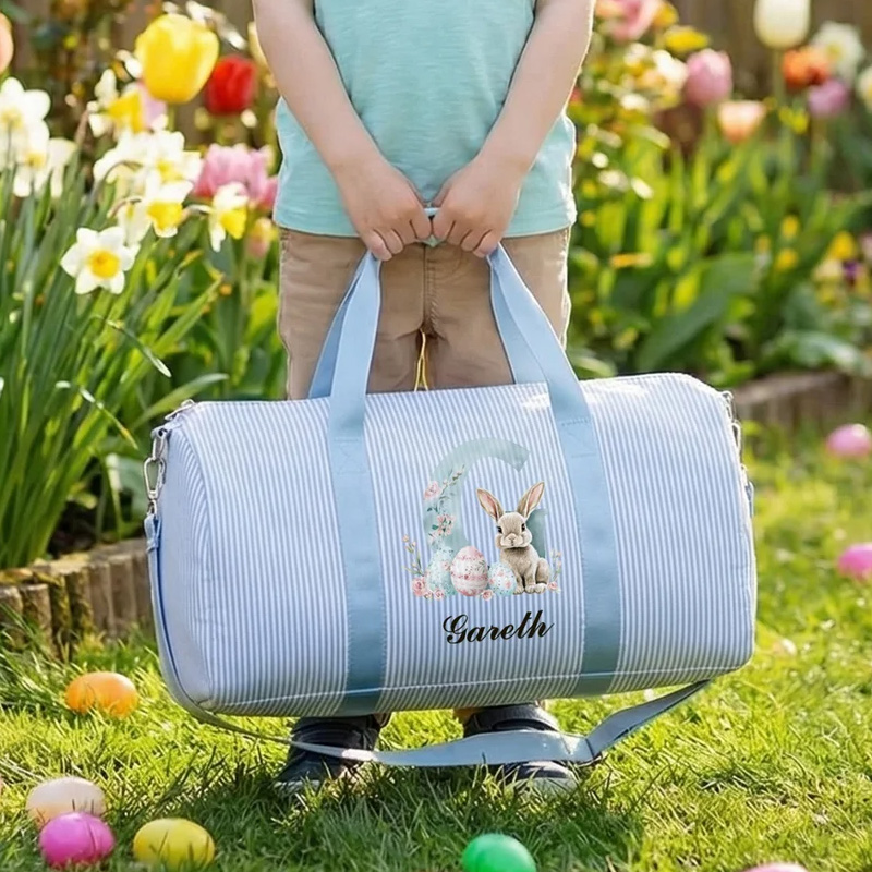 Personalized Cute Easter Rabbit Egg Striped Canvas Large Capacity Travel Bag with Name and Shoulder Strap Easter Gift for Kids Teenagers