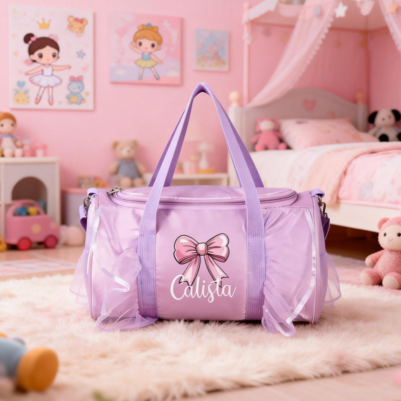 Personalized Pink Bow Theme Name Lace Trim Cute Girl Travel Overnight Tote Weekend Carry On Gift Duffle Bag