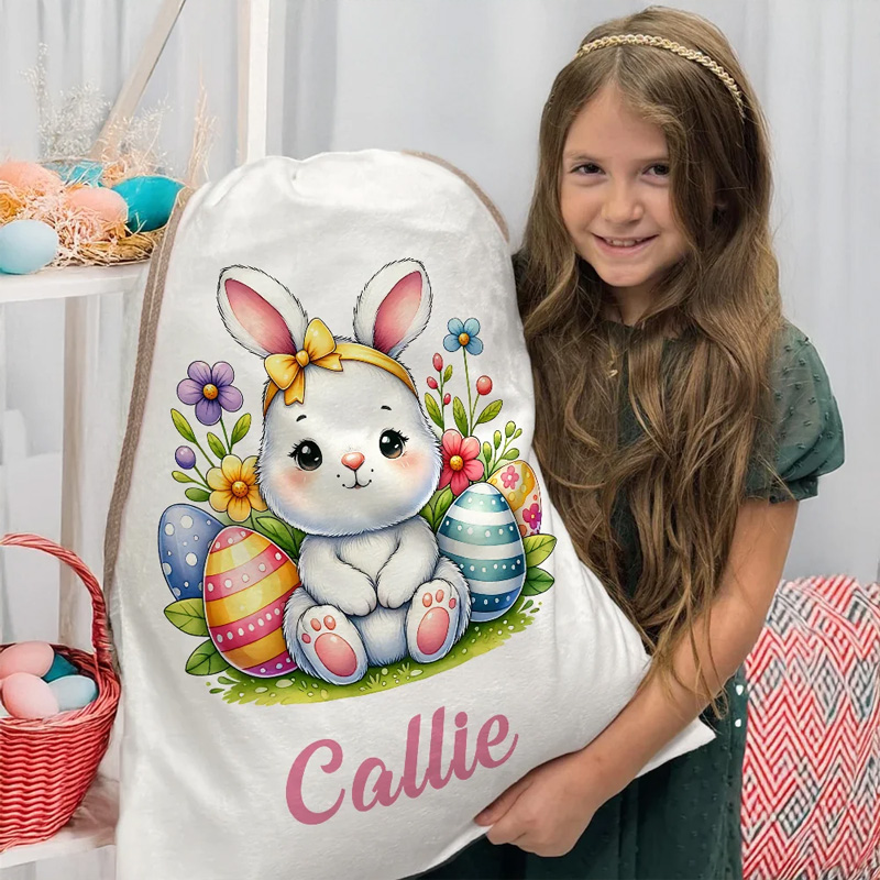 Personalized Cute Cartoon Rabbit Chick Easter Drawstring Gift Bag with Name Birthday Easter Party Gift for Kids Family