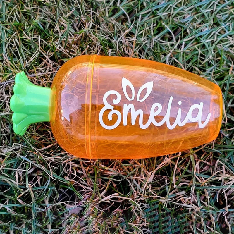 Personalized Easter Bunny Theme Name Reusable Candy Container Kids Spring Party Favor Gift Basket Filler Carrot Treat Holder