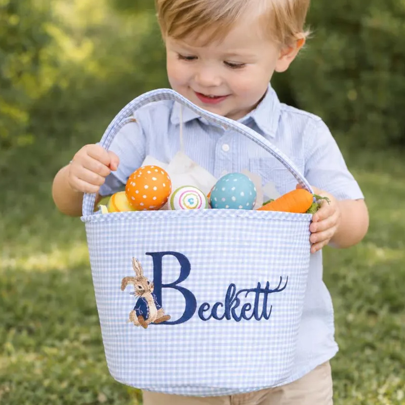 Personalized Easter Bunny Theme Name Embroidered Gingham Fabric Basket Kids Egg Hunt Gift Tote Spring Storage Basket