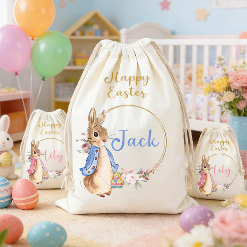 Personalized Easter Bunny Theme Name Custom Cotton Drawstring Gift Bag Kids Candy Storage Reusable Gift Bag