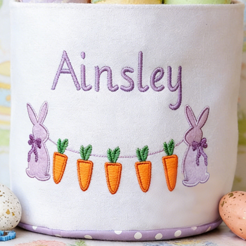 Personalized Easter Bunny Theme Name Embroidered Carrot Pattern Fabric Basket Kids Egg Hunt Gift Storage Tote