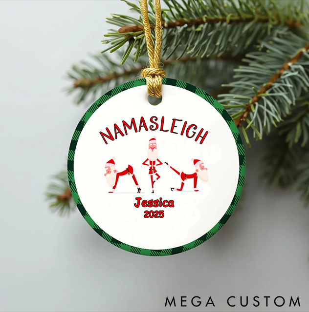 Personalized Christmas Ornament with Fun NAMASLEIGH Santa Yoga Design Christmas Ornament Gift for Yoga Lover