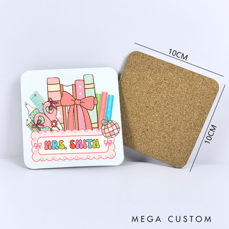 Personalized Coasters for Teachers Cute Book Pencil Bow Appreciation Gift for Teachers