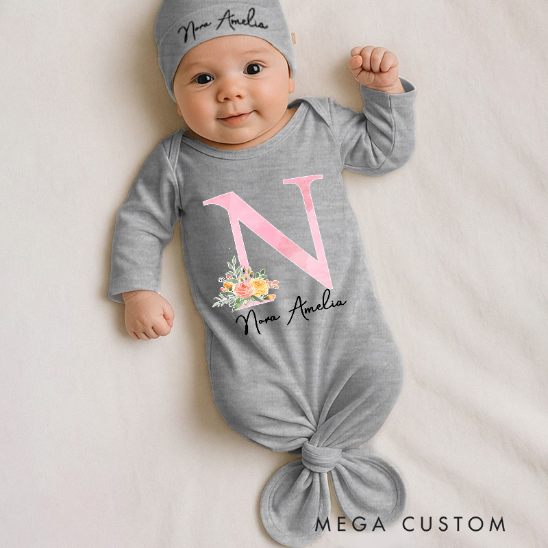 Personalized Soft Pink Floral Initial with Delicate Name Typography Baby Gowns