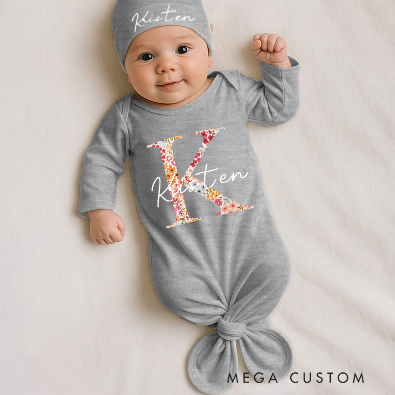 Personalized Floral Initial with Elegant Red Script Name for Babies Baby Gowns