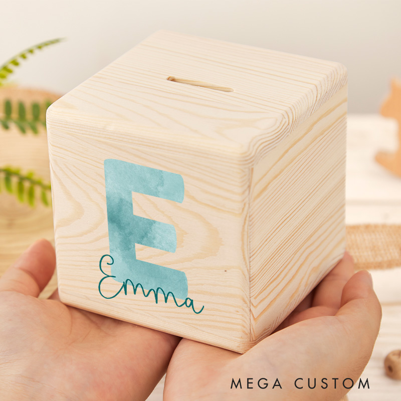 Personalized Initial Piggy Bank Charming Letter Style with Custom Name and Elegant Wood Finish