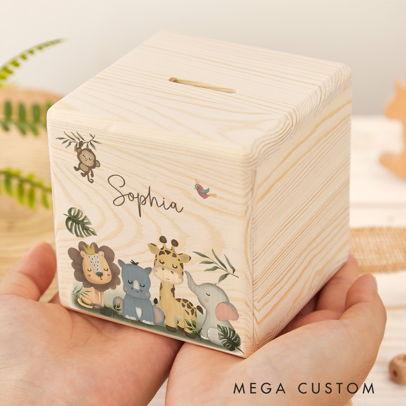 Personalized Kids Name Piggy Bank Adorable Animal Friends with Custom Name and Jungle Vibes