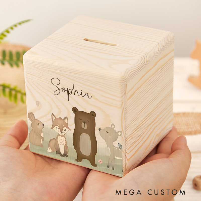 Personalized Woodland Piggy Bank Cute Forest Creatures with Custom Name and Nature Charm