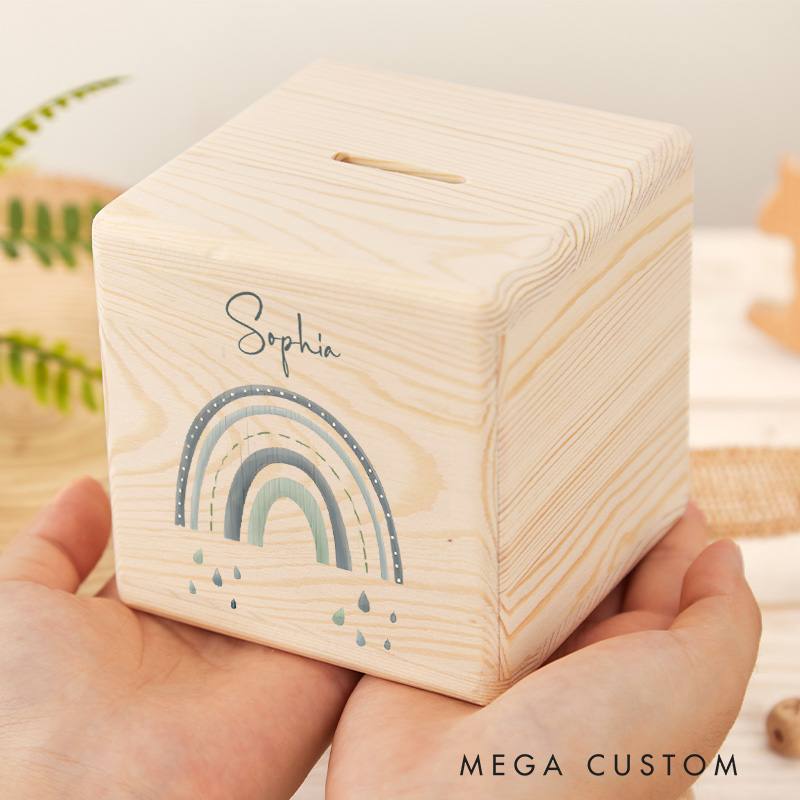Personalized Rainbow Piggy Bank Colorful Dreams with Custom Name and Whimsical Rainbow Art
