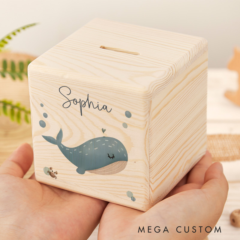Personalized Whale Piggy Bank Oceanic Delight with Custom Name and Playful Whale Motif