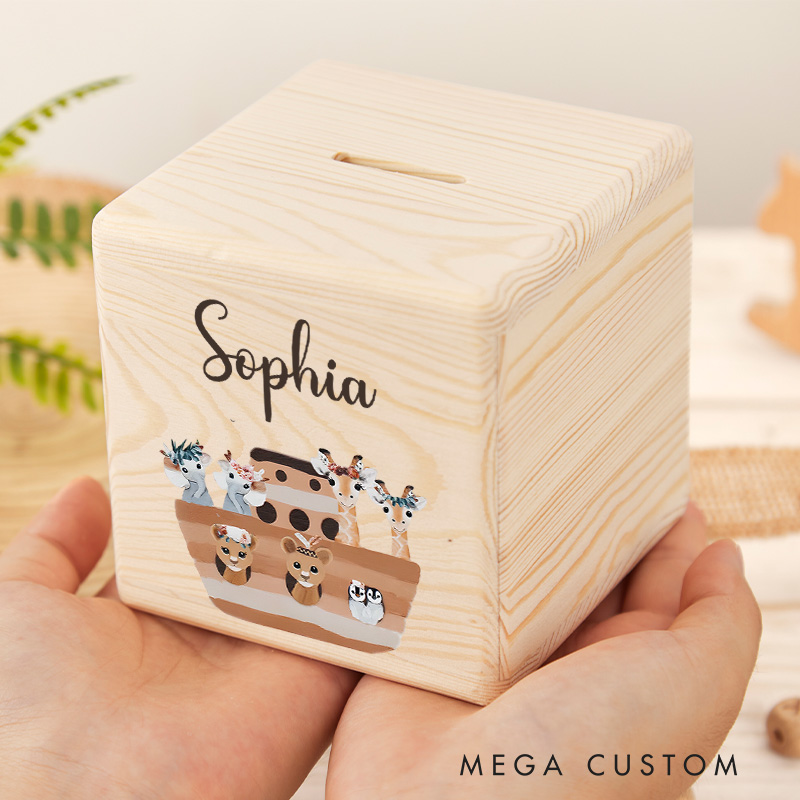 Personalized Noah's Ark Piggy Bank Delightful Animal Pairs with Custom Name and Charming Ark Scene