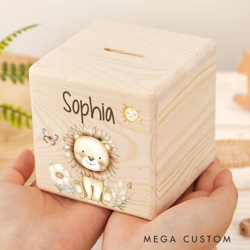 Personalized Lion Piggy Bank Majestic Safari King with Custom Name and Adorable Lion Illustration