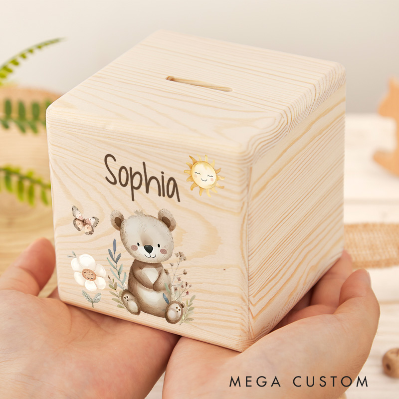 Personalized Bear Piggy Bank Cozy Woodland Friend with Custom Name and Cute Bear Design