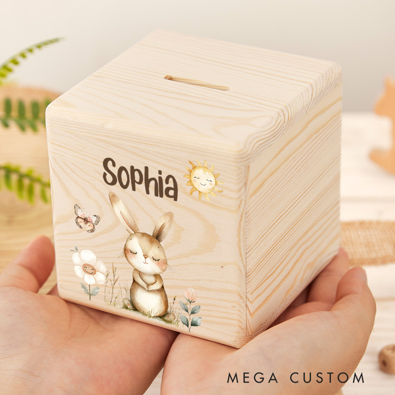 Personalized Bunny Piggy Bank Sweet Garden Companion with Custom Name and Charming Bunny Art