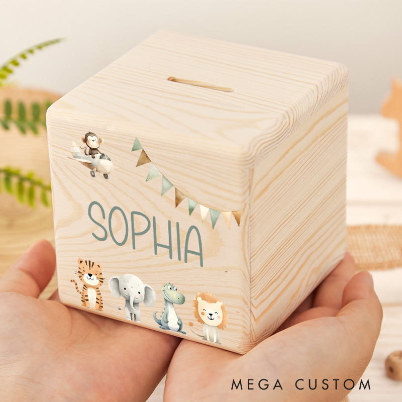 Personalized Animals Piggy Bank Joyful Jungle Friends with Custom Name and Playful Animal Parade