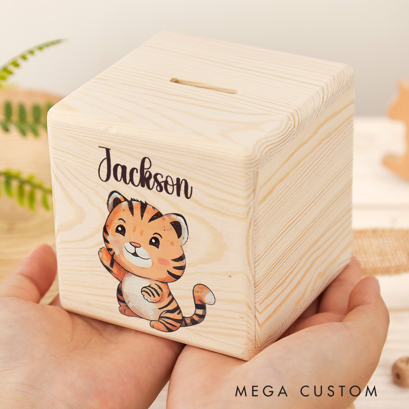 Personalized Tiger Piggy Bank Fierce and Friendly with Custom Name and Cute Tiger Illustration