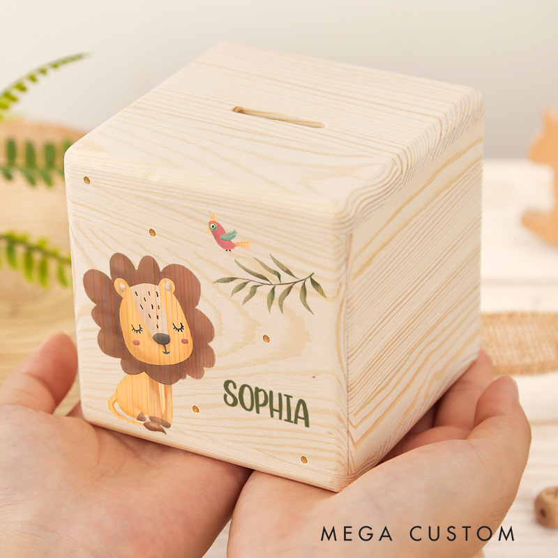 Personalized Lion Piggy Bank Jungle Majesty with Custom Name and Colorful Lion Illustration