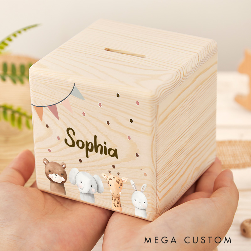 Personalized Animal Friends Piggy Bank Delightful Companions with Custom Name and Cute Animal Design