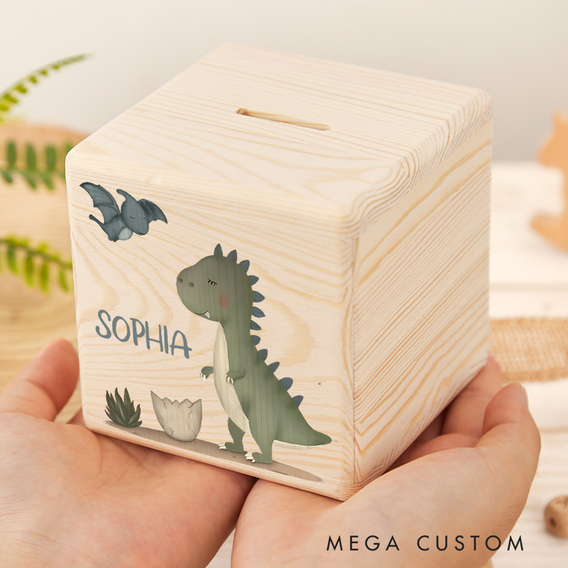 Personalized Dinosaur Piggy Bank Prehistoric Adventure with Custom Name and Playful Dinosaur Art