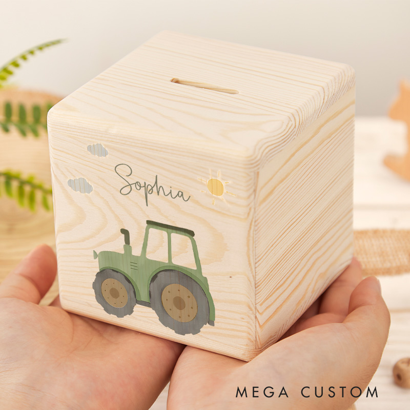 Personalized Tractor Piggy Bank Farm Fun with Custom Name and Charming Tractor Illustration