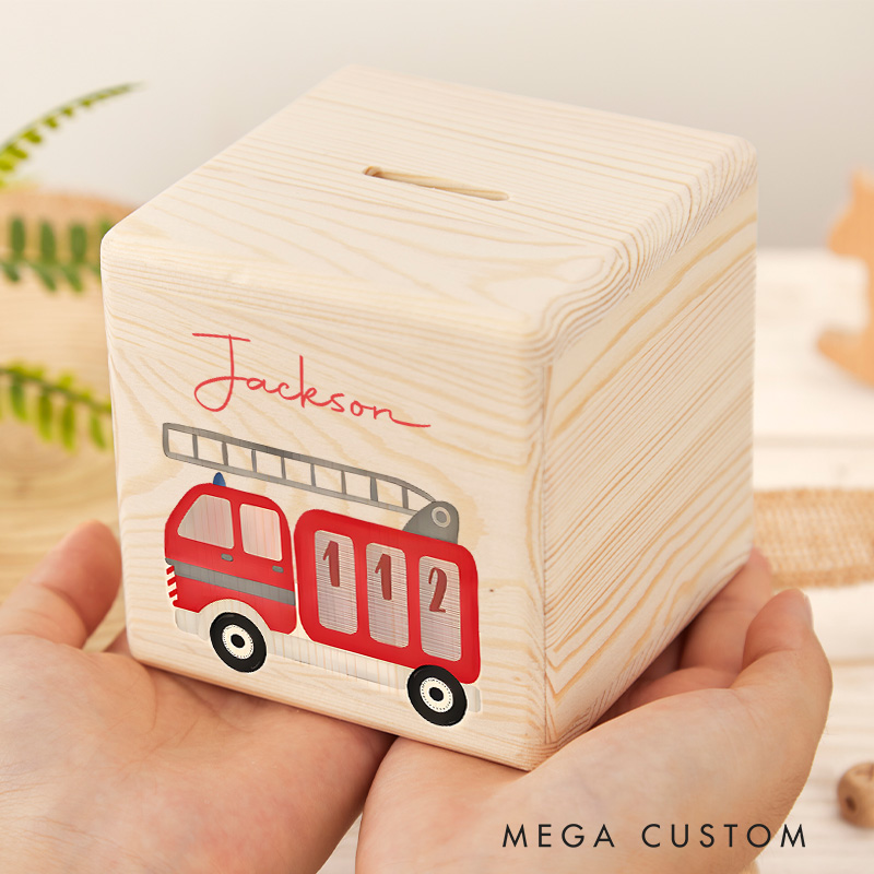 Personalized Fire Truck Piggy Bank Rescue Adventure with Custom Name and Bold Fire Truck Design