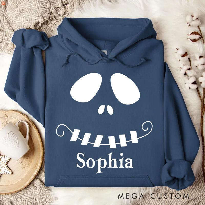 Personalized Mysterious Grinning Skull Illustration for Trendy Halloween Hoodies