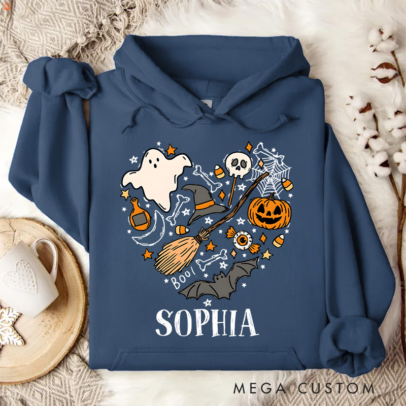 Personalized Enchanting Halloween Heart Collage with Ghosts and Pumpkins for Festive Hoodies