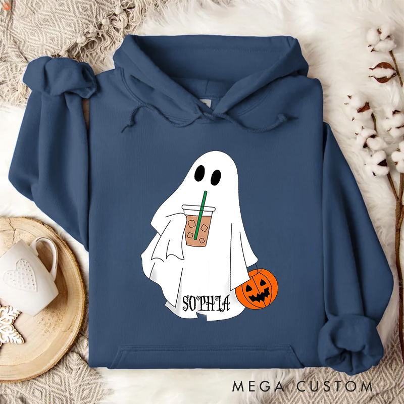 Personalized Ghost Enjoying Coffee Illustration for Cozy and Playful Autumn Hoodies