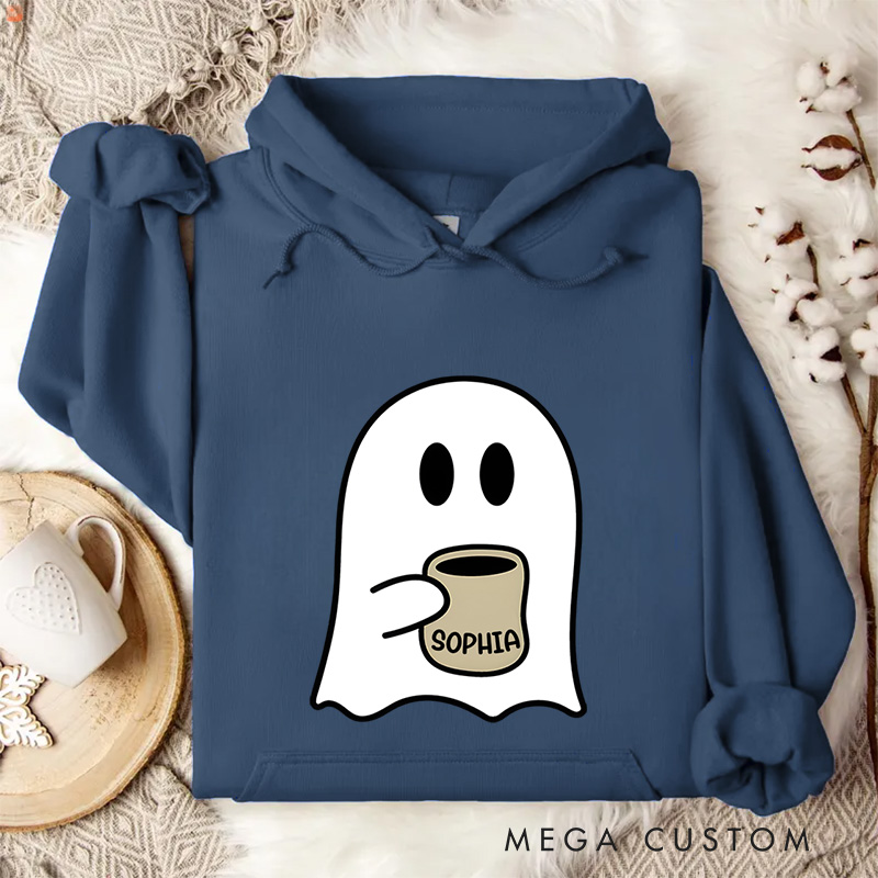 Personalized Coffee Loving Ghost Illustration for Relaxed and Cozy Autumn Hoodies