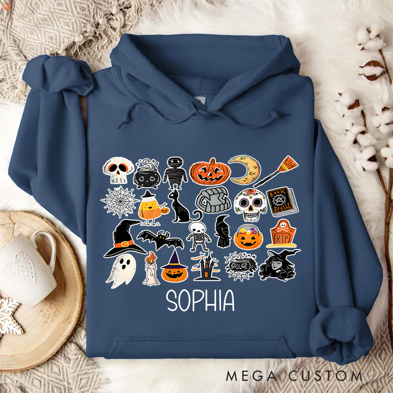 Personalized Halloween Icon Collage with Ghosts and Pumpkins for Festive Hoodies