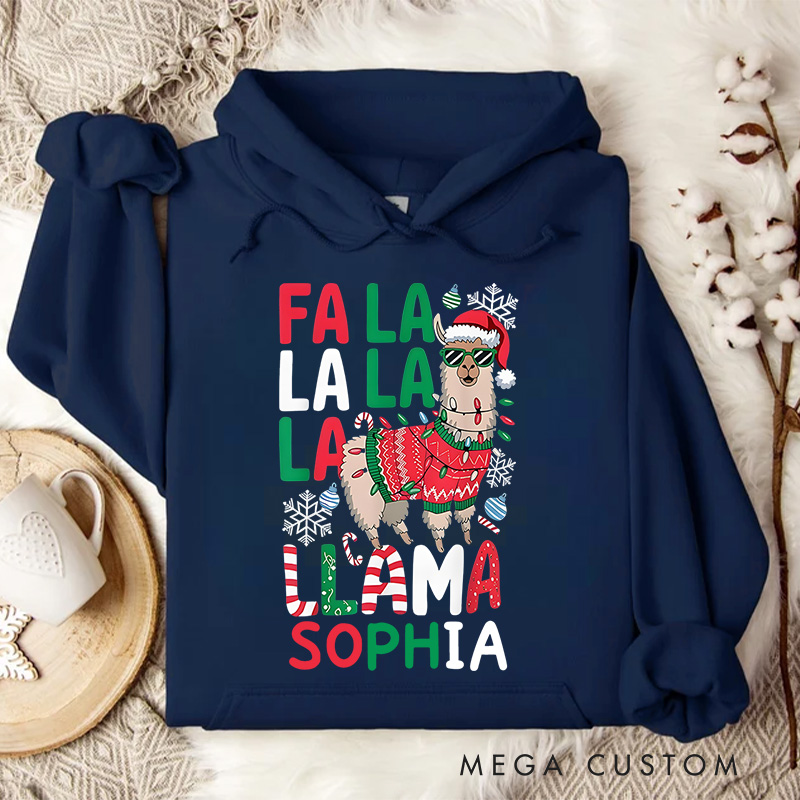 Personalized Fa La La Llama with Santa Hat and Scarf Christmas Hoodies