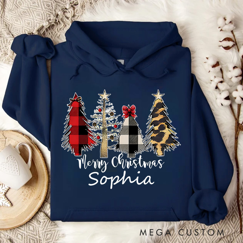 Personalized Plaid and Animal Print Christmas Trees with Bow Christmas Hoodies