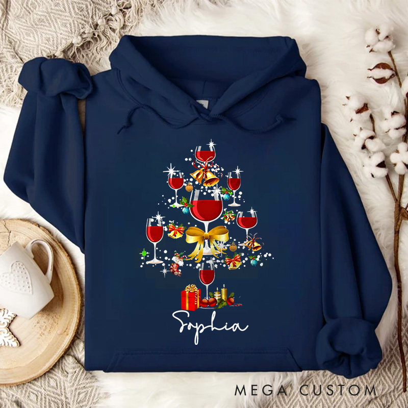 Personalized Wine Glass Christmas Tree with Ornaments and Gifts Christmas Hoodies