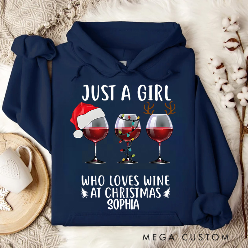 Personalized Just a Girl Who Loves Wine with Santa Hats and Glasses Christmas Hoodies
