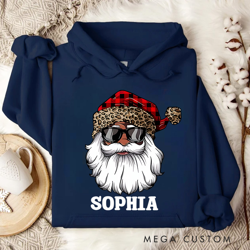 Personalized Santa with Plaid and Leopard Print Hat Christmas Hoodies