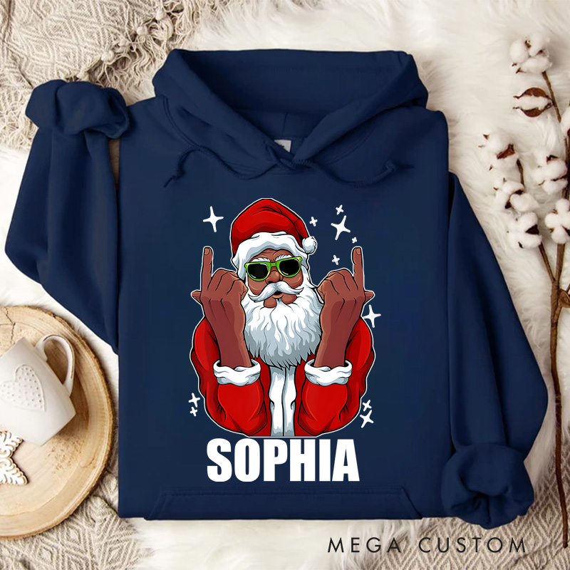 Personalized Cool Santa with Sunglasses and Rock Hand Gesture Christmas Hoodies