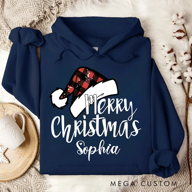 Personalized Merry Christmas with Buffalo Plaid Santa Hat Christmas Hoodies