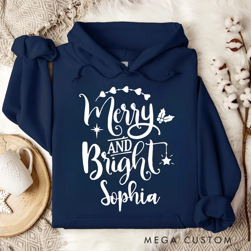 Personalized Merry and Bright with Holly and Festive Accents Christmas Hoodies