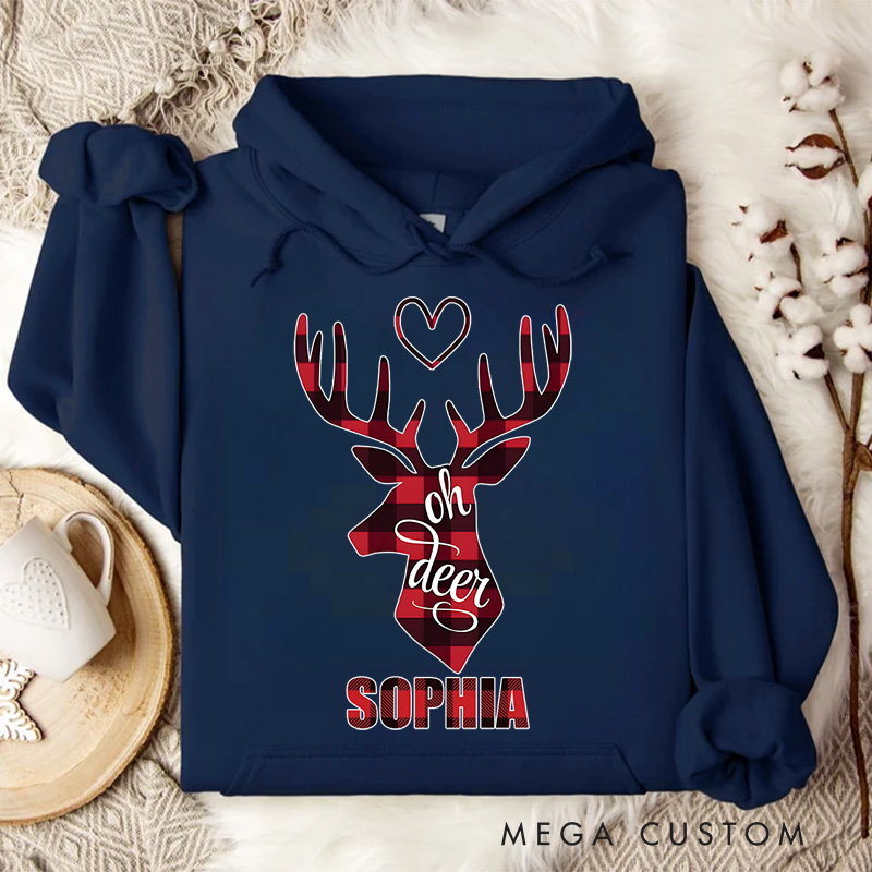 Personalized Oh Deer with Red Reindeer and Heart Christmas Hoodies