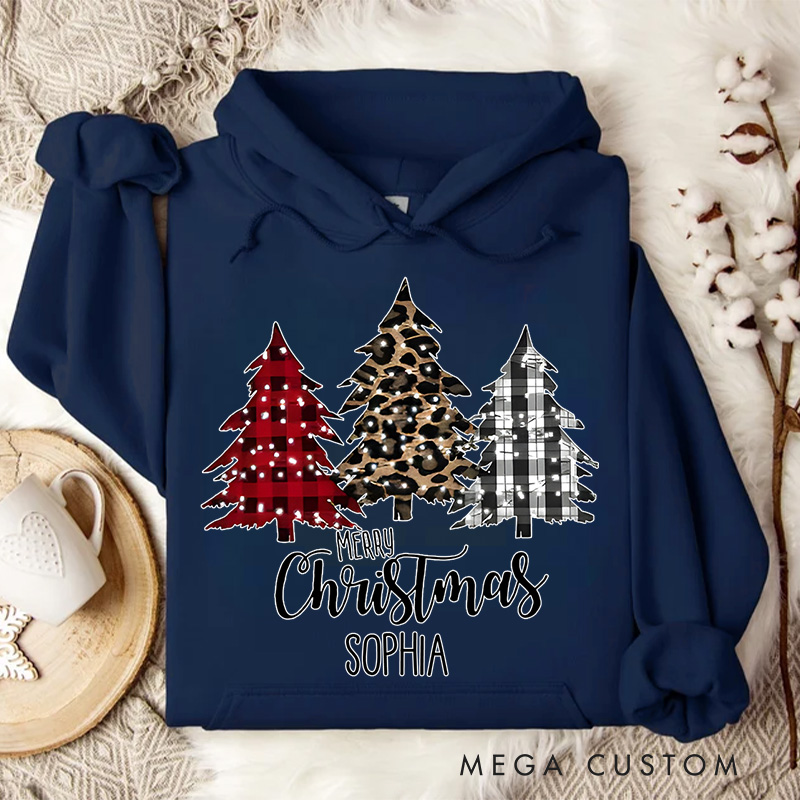 Personalized Red Plaid and Animal Print Christmas Trees Christmas Hoodies