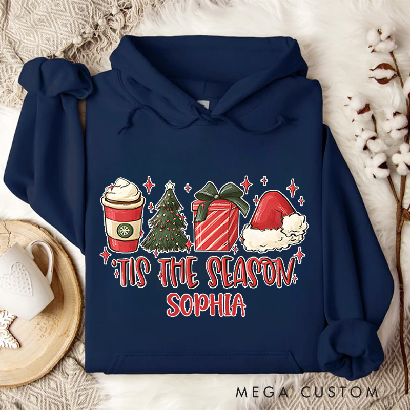 Personalized Tis the Season with Coffee and Holiday Gifts Christmas Hoodies