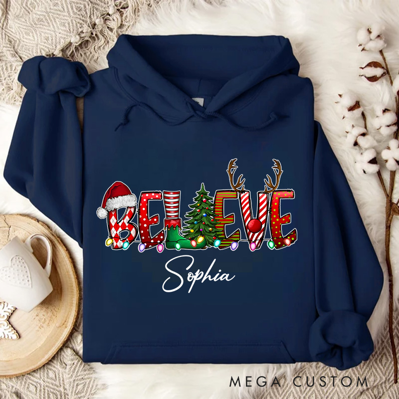 Personalized Believe with Holiday Icons and Reindeer Antlers Christmas Hoodies